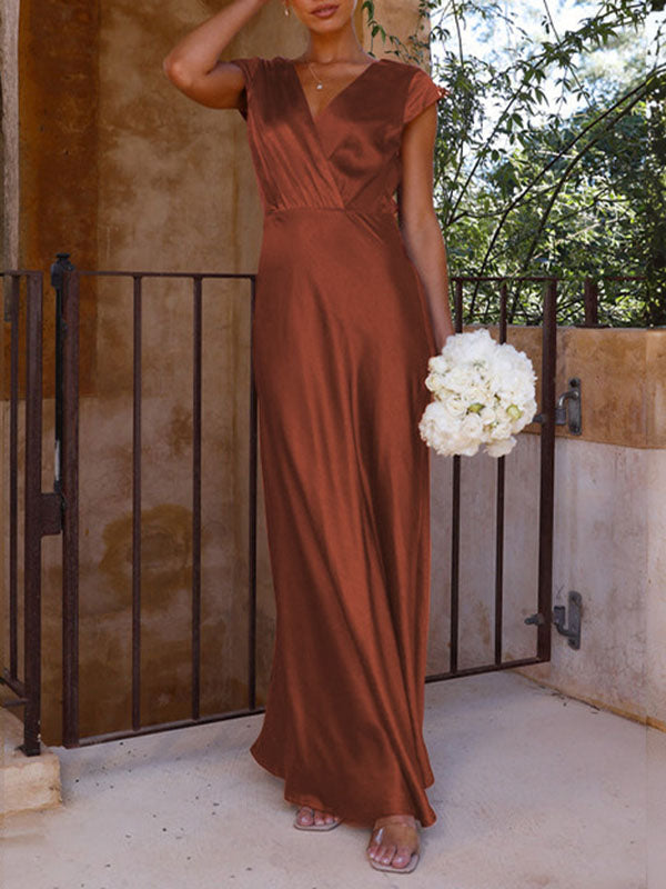 Pleated Solid Color Split-Joint Loose Short Sleeves V-Neck Maxi Dresses