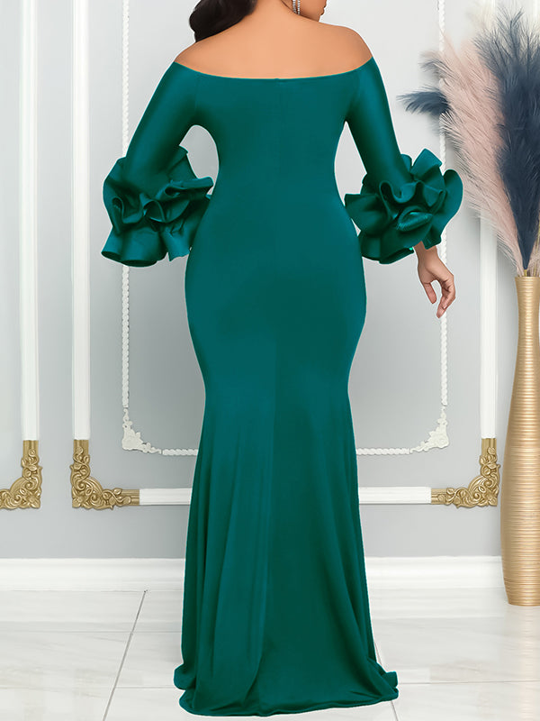 Falbala Solid Color Split-side Bodycon Flared Sleeves Off-the-shoulder Maxi Dresses