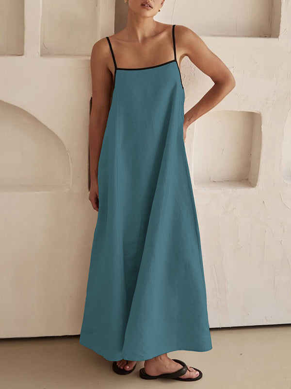 Split-Joint A-Line Loose Spaghetti-Neck Maxi Dresses