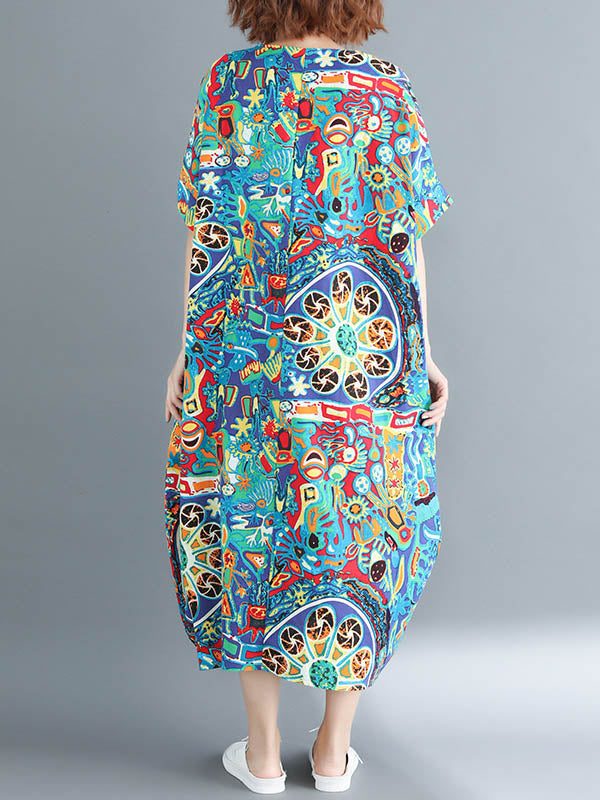 Stylish Asymmetric Printed Round-Neck Loose Batwing Sleeve Midi Dress