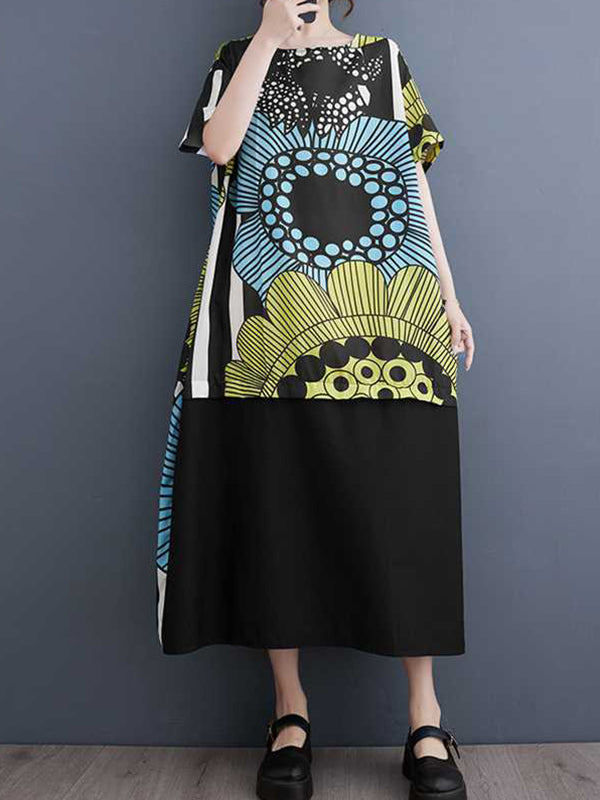 Flower Print Pockets Split-Joint A-Line Loose Round-Neck Midi Dresses