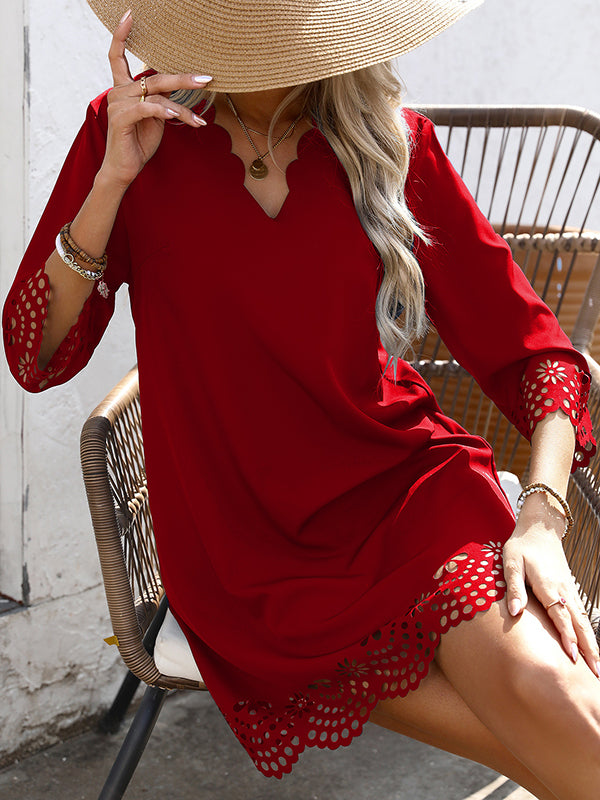 Hollow Solid Color A-Line Loose V-Neck Mini Dresses
