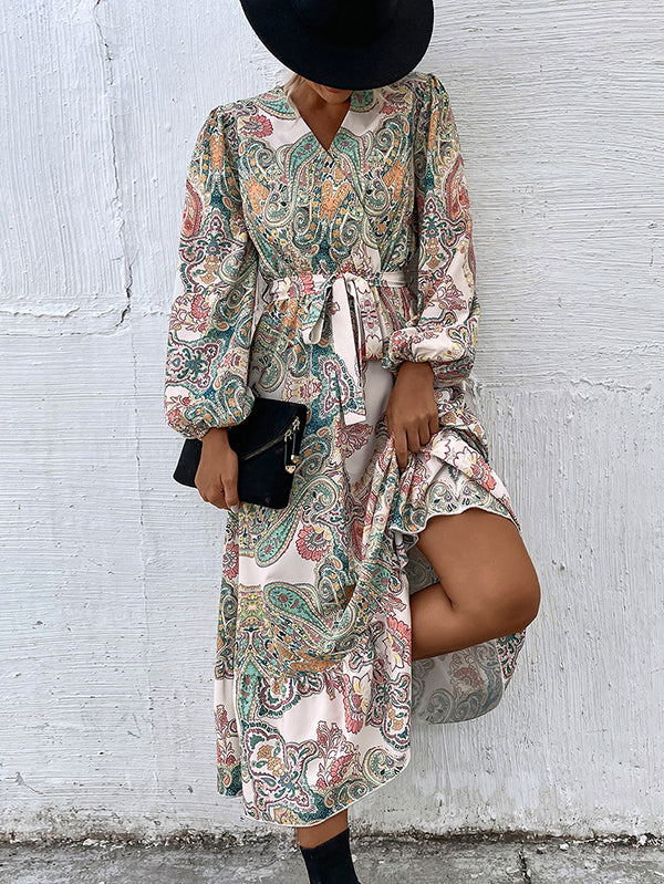 Bohemia Puff Sleeves Floral V-Neck Dress