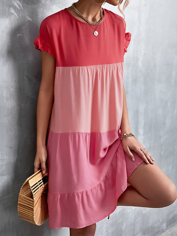 Contrast Color Falbala Pleated Split-Joint Loose Ruffle Sleeves Round-Neck Mini Dresses