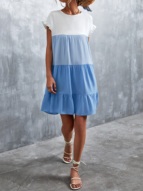 Contrast Color Falbala Pleated Split-Joint Loose Ruffle Sleeves Round-Neck Mini Dresses