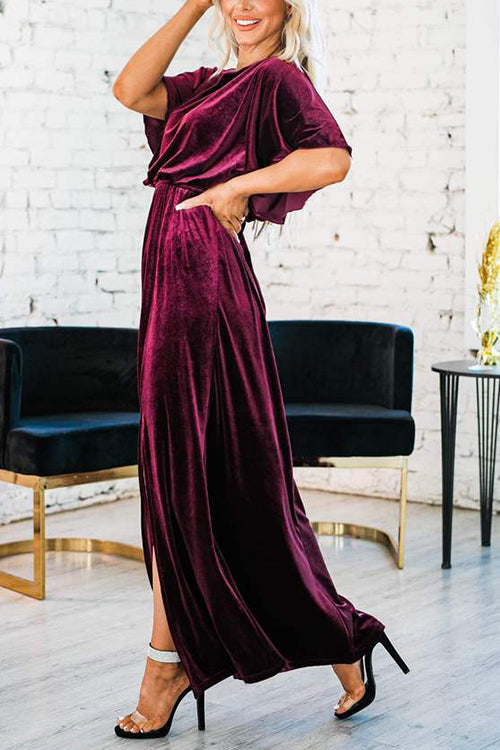 Velvet Wlastic Waist Slit Maxi Dress