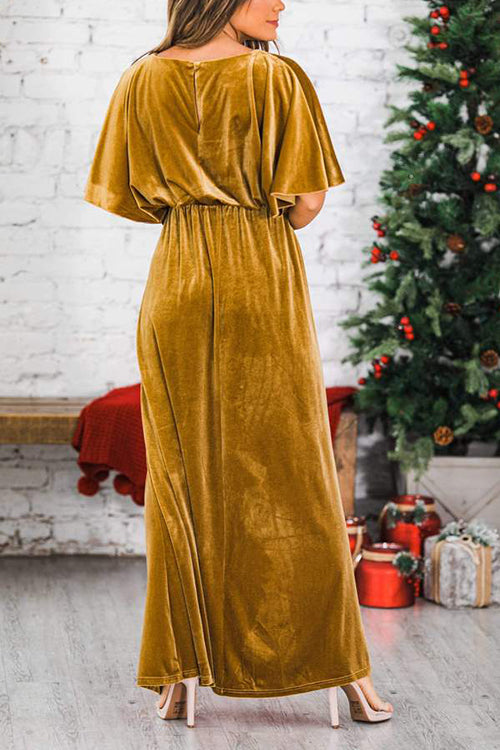 Velvet Wlastic Waist Slit Maxi Dress