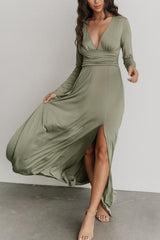 V Neck Long Sleece Slit Maxi Dress