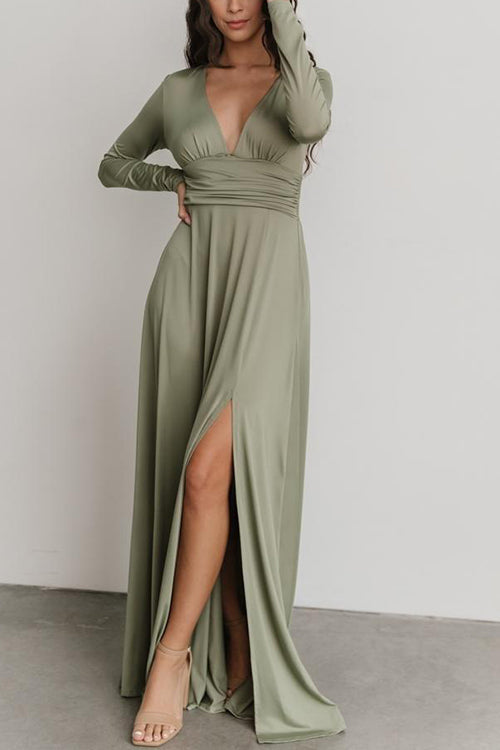 V Neck Long Sleece Slit Maxi Dress