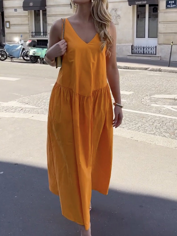 Pleated Solid Color Split-Joint A-Line Sleeveless V-Neck Maxi Dresses