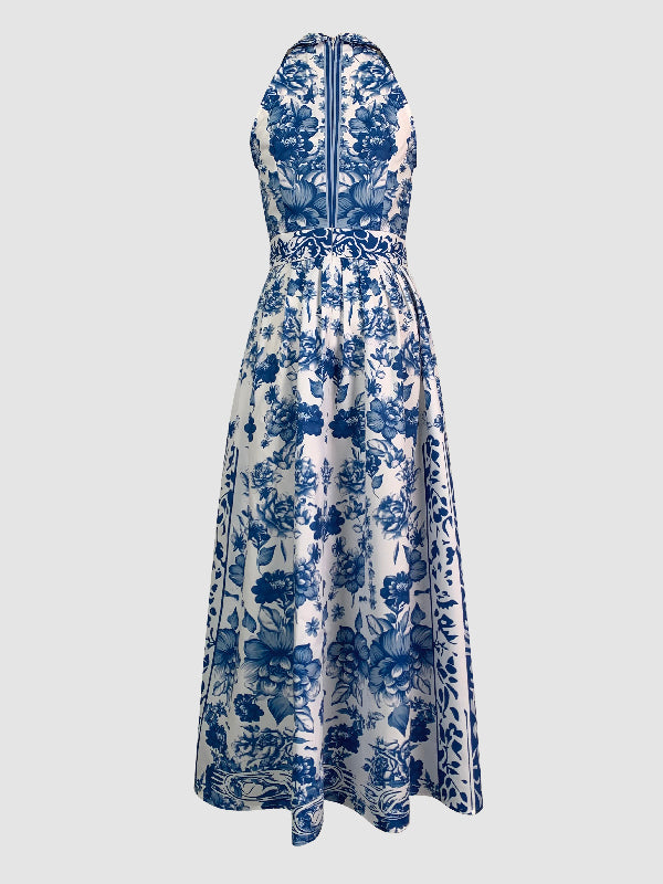 Flower Print Split-Joint A-line Loose Lapel Maxi Dresses
