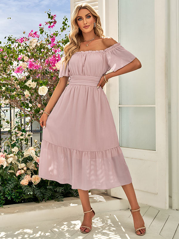 Vacation Short Sleeves A-Line Solid Color One-Shoulder Midi Dress