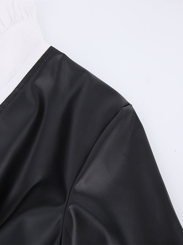 Elasticity Pleated Split-Joint Loose Puff Sleeves Peter Pan Collar Mini Dresses