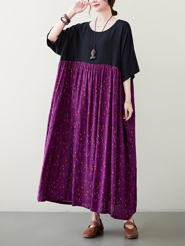 Artistic Retro Loose Half Sleeves Floral Printed Contrast Color Pleated Split-Joint Midi Dresses