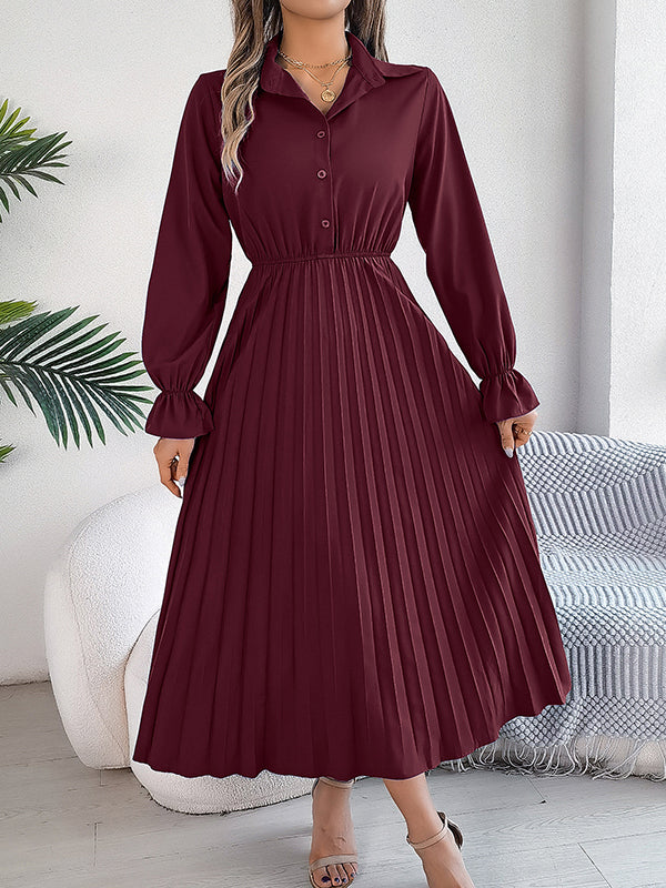 Buttoned Elasticity Pleated Solid Color A-Line Flared Sleeves Lapel Maxi Dresses