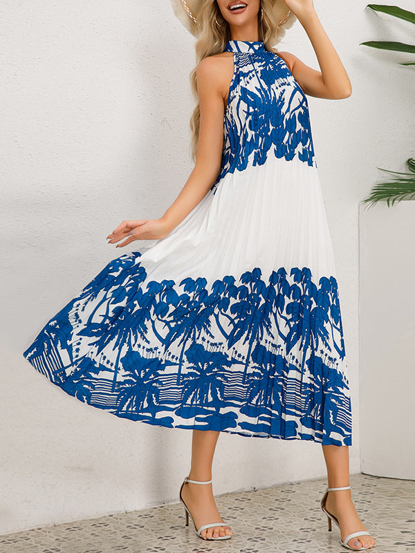 Hollow Pleated Printed Tied A-Line Loose Mock Neck Midi Dresses