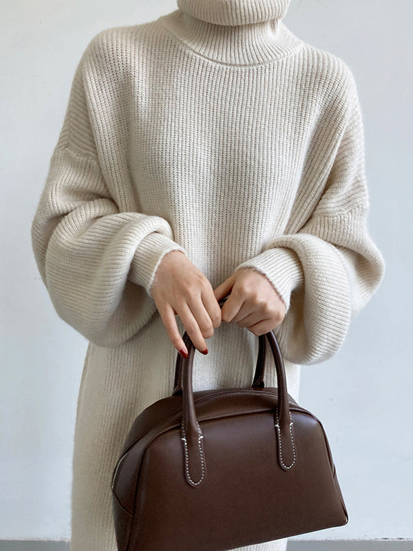 Urban Loose Puff Sleeves Solid Color High-Neck Sweater Dresses