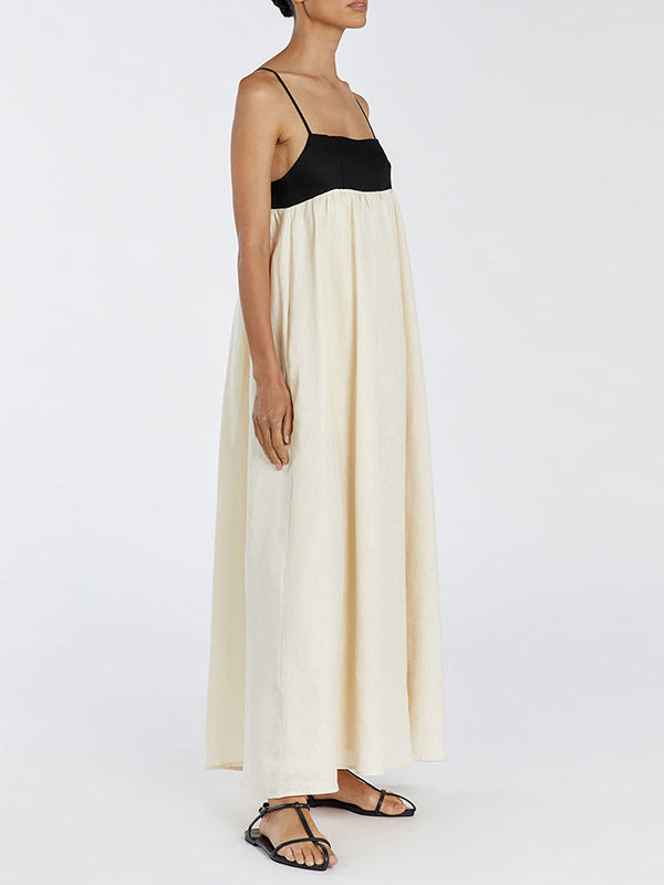 Contrast Color Pleated Split-Joint A-Line Loose Spaghetti-Neck Maxi Dresses