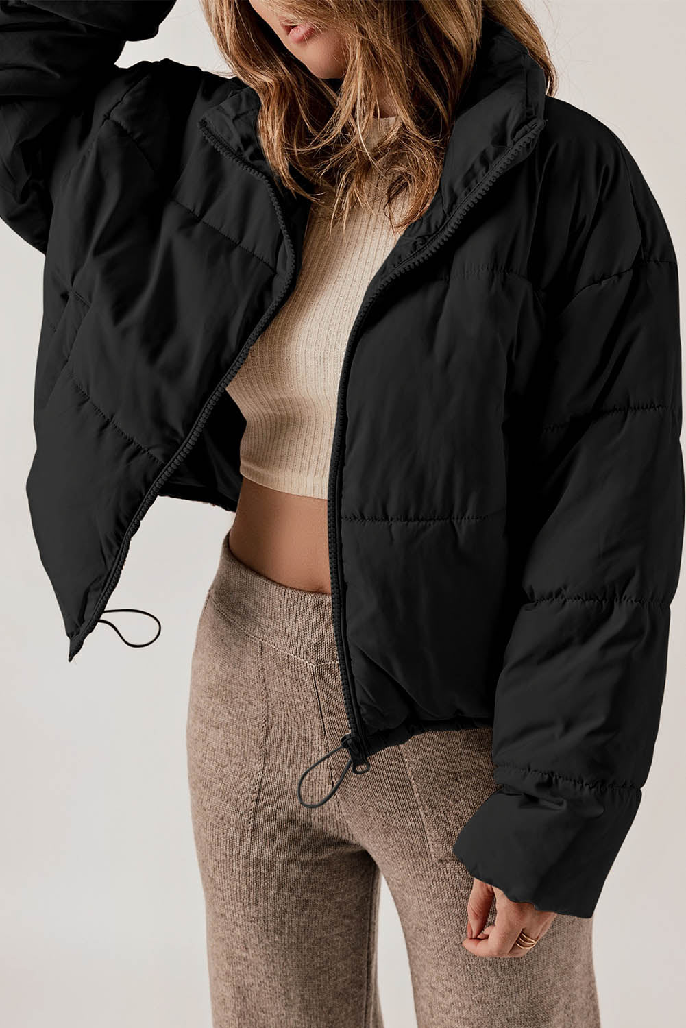 Zip Up Drawstring  Puffer Coat