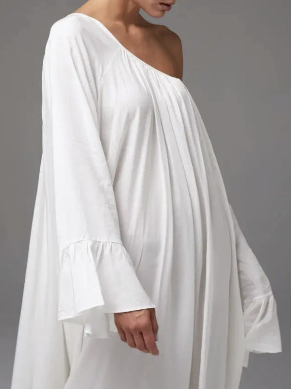 Pleated Solid Color Split-Joint Flared Sleeves Loose Round-Neck Maxi Dresses