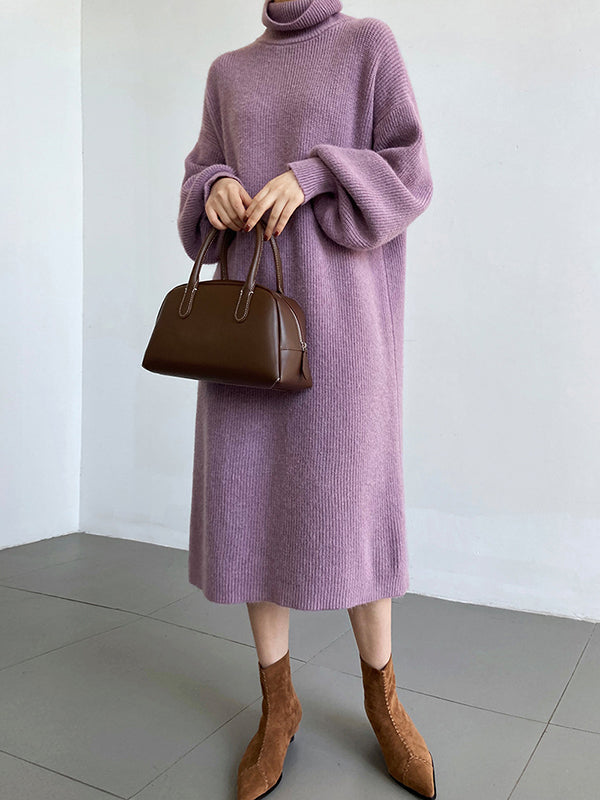Urban Loose Puff Sleeves Solid Color High-Neck Sweater Dresses