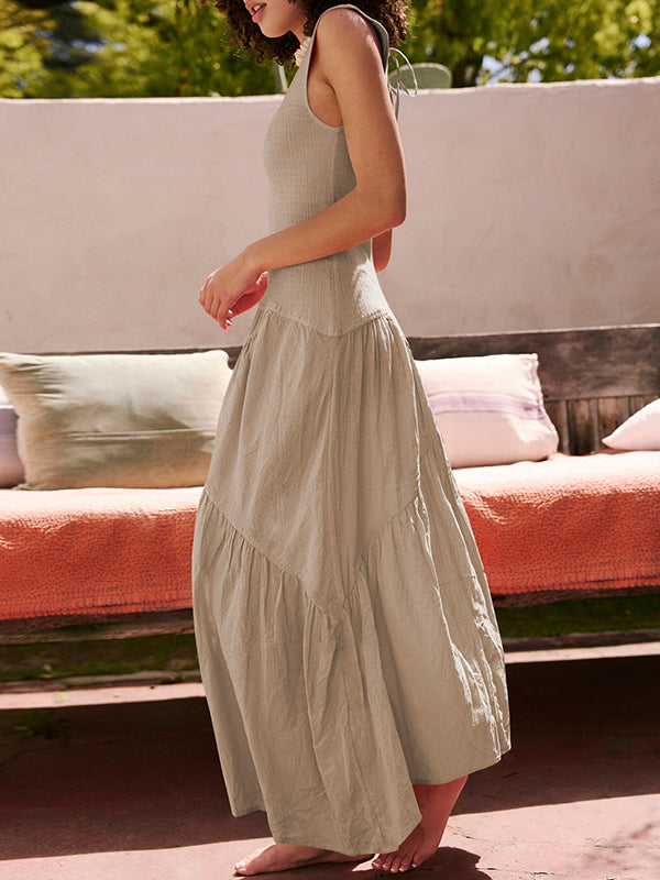 Backless Elasticity Lace-Up Pleated Solid Color Split-Joint Loose Sleeveless Square-Neck Maxi Dresses