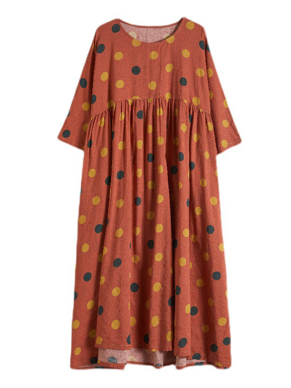 Artistic Retro Vintage Polka-Dot Loose Pleated Midi Dress
