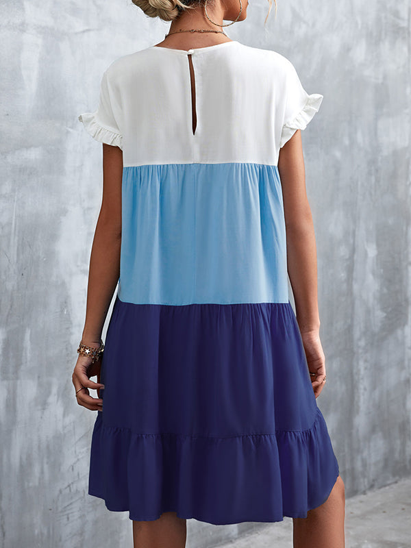 Contrast Color Falbala Pleated Split-Joint Loose Ruffle Sleeves Round-Neck Mini Dresses