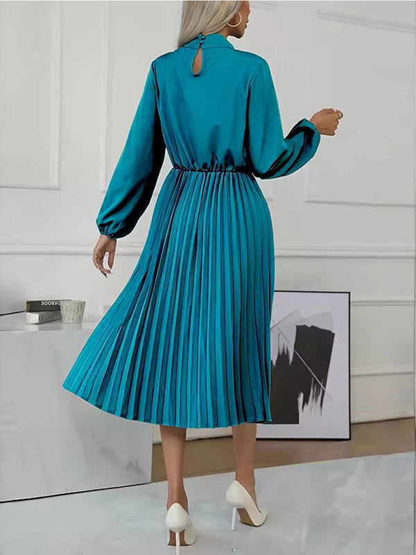 Buttoned Elasticity Hollow No Belt Pleated Solid Color Long Sleeves Loose High Neck Midi Dresses