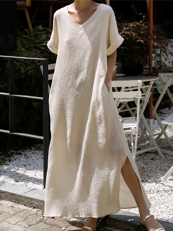 Hollow Solid Color Split-Side Tied Waist A-Line Loose V-Neck Midi Dresses