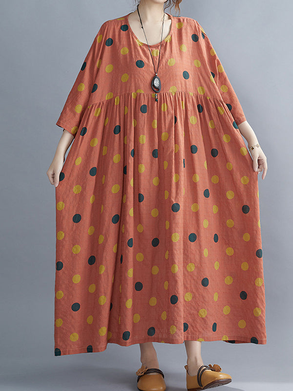 Artistic Retro Vintage Polka-Dot Loose Pleated Midi Dress