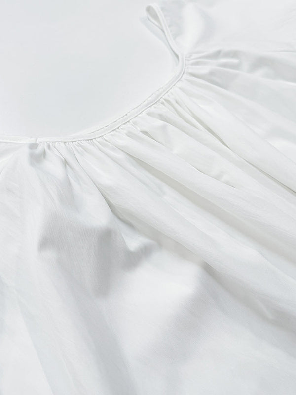Pleated Solid Color Split-Joint Flared Sleeves Loose Round-Neck Maxi Dresses