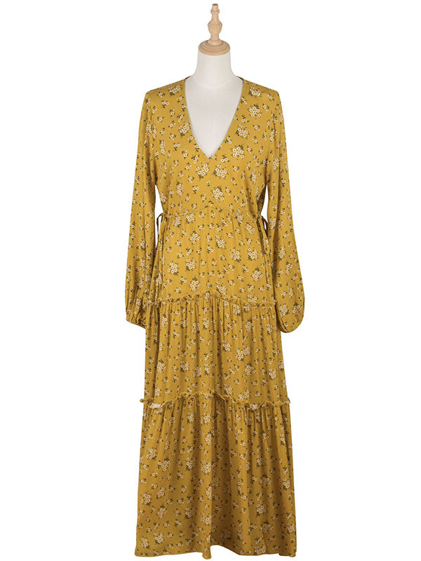 Vacation Puff Sleeves Floral Printed V-Neck Dress