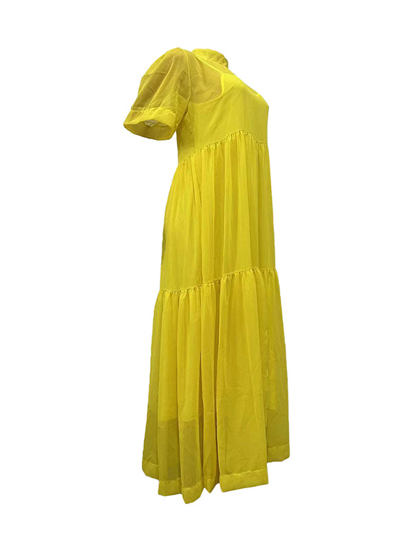 Mesh Pleated Solid Color Split-Joint Loose Plus Size Mock Neck Two Pieces Set Maxi Dresses