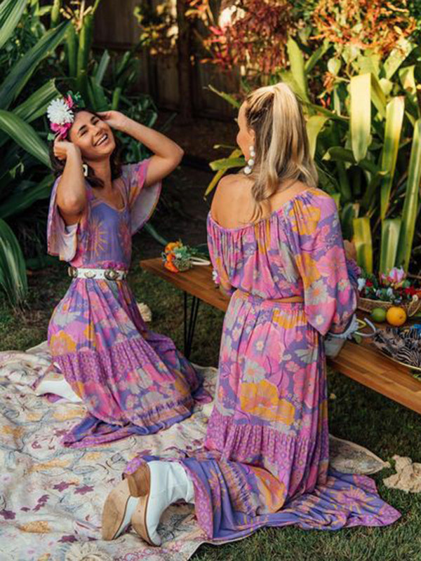 Bohemia Long Sleeves Loose Floral Printed Round-Neck Maxi Dress