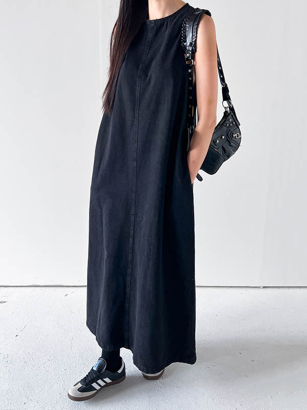 Pockets Solid Color Tied A-Line Loose Round-Neck Maxi Dresses