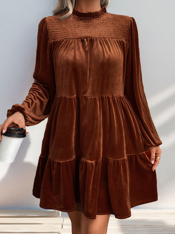 Pleated Solid Color Split-Joint Velvet A-Line Long Sleeves Mock Neck Mini Dresses