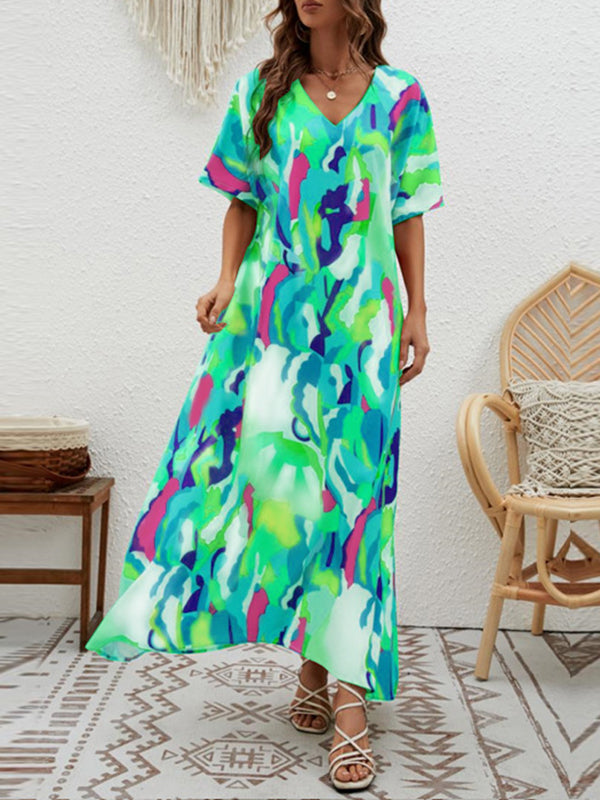 Contrast Color High-Waisted Printed Loose Short Sleeves V-neck Maxi Dresses