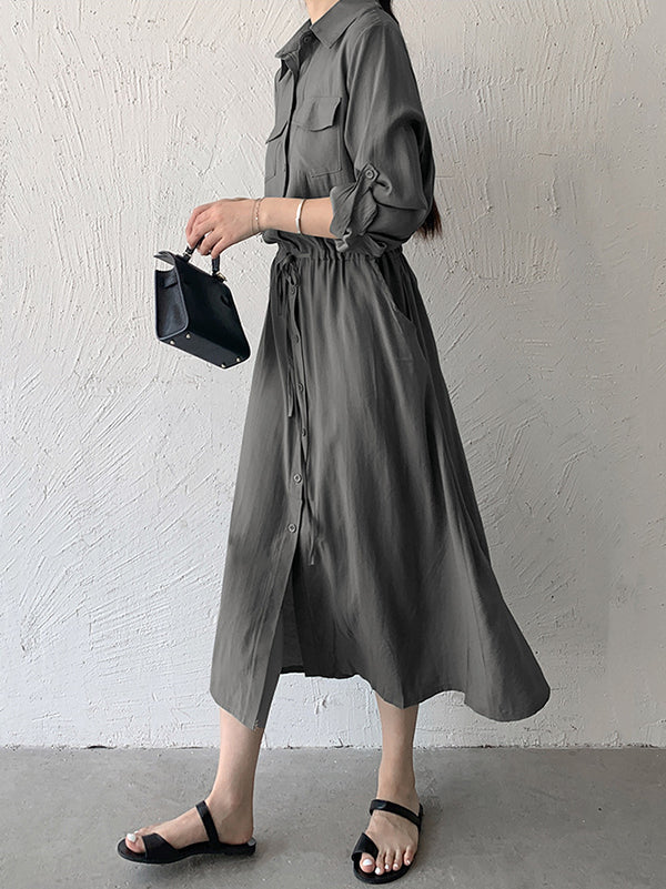 Casual A-Line Long Sleeves Bandage Solid Color Lapel Collar Shirt Midi Dresses