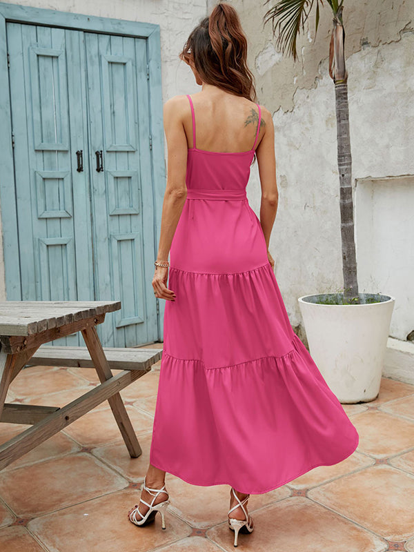 Bohemia High Waisted Solid Color U-Neck Dress