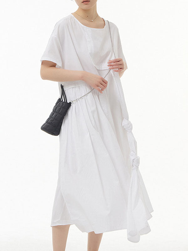Solid Color Streamer Loose Short Sleeves Round-neck Midi Dresses
