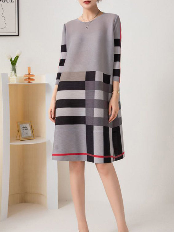 Contrast Color Plaid Pleated A-Line Loose Round-Neck Mini Dresses