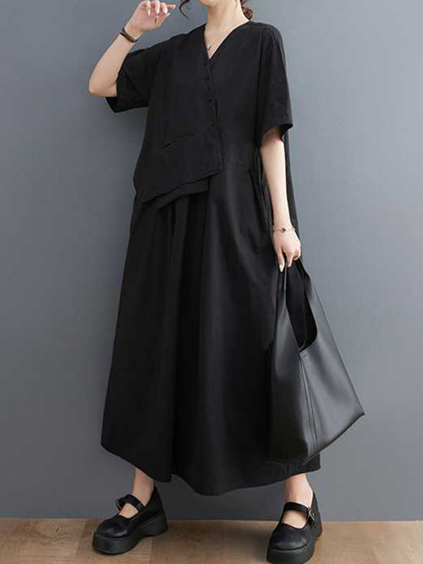 Pleated Solid Color Split-Joint Loose Short Sleeves V-Neck Midi Dresses