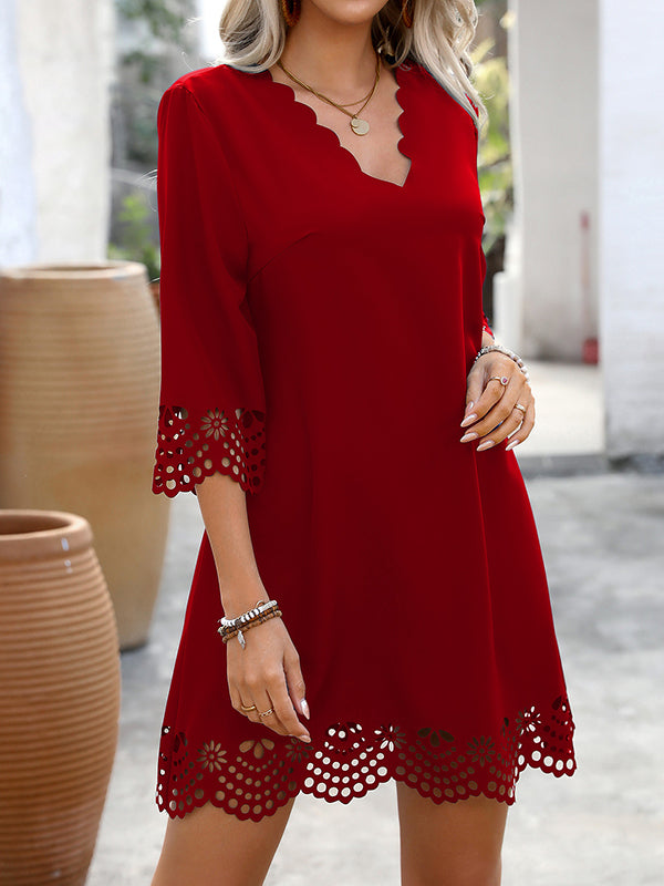 Hollow Solid Color A-Line Loose V-Neck Mini Dresses