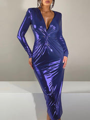 Pleated Shiny Solid Color Split-Joint Bodycon Long Sleeves V-Neck Midi Dresses