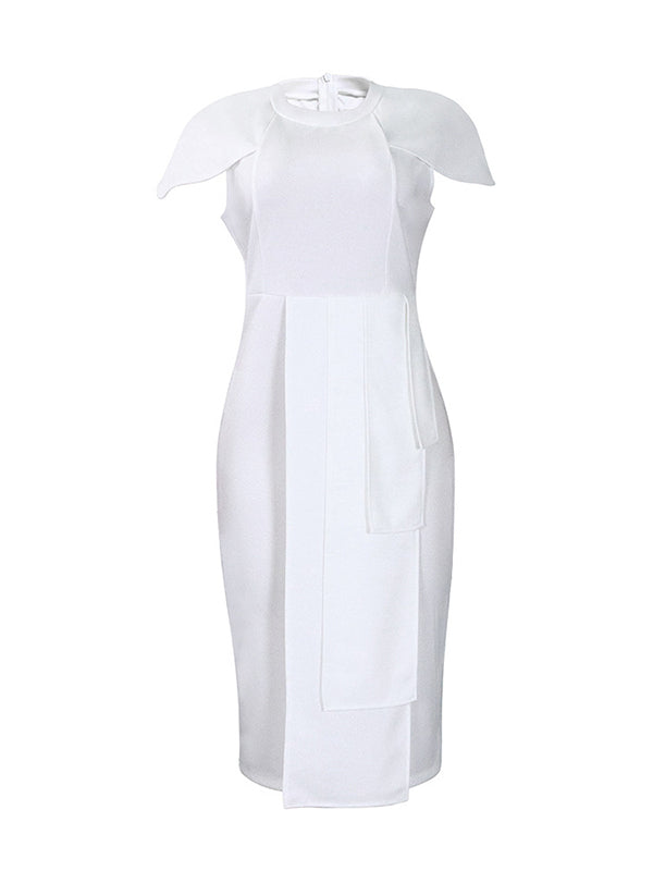 Pleated Solid Color Split-back Split-front Split-Joint Short Sleeves Skinny Round-neck Midi Dresses