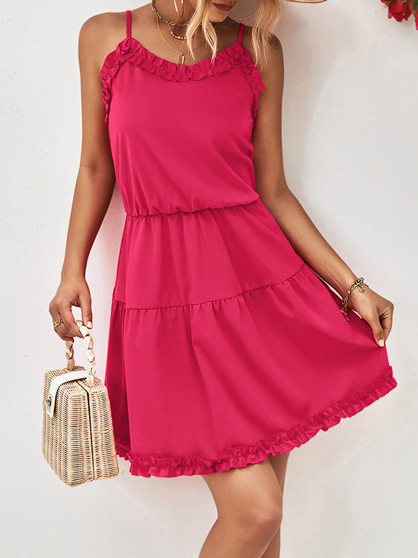Falbala Solid Color Loose Sleeveless Spaghetti-Neck Mini Dresses