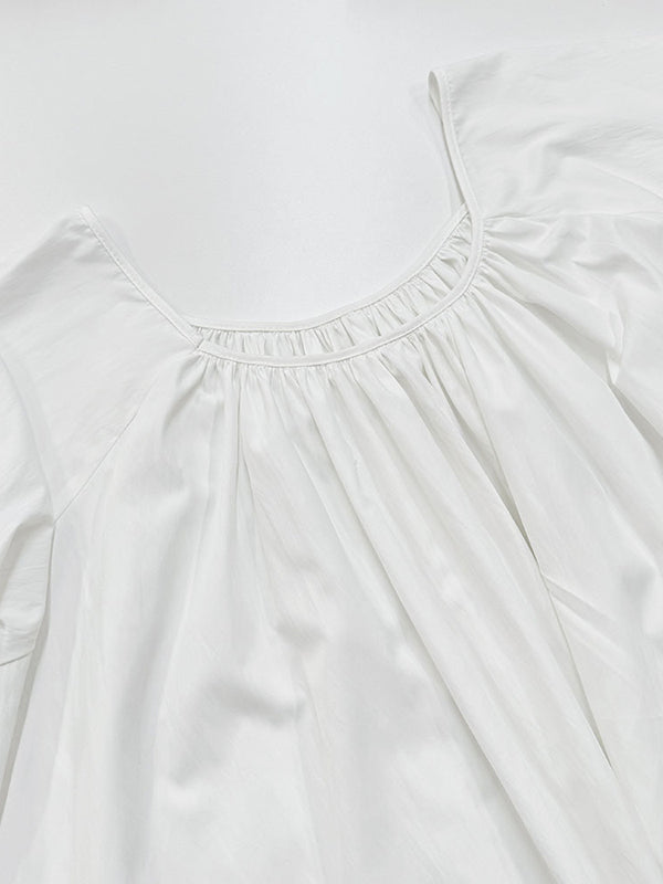Pleated Solid Color Split-Joint Flared Sleeves Loose Round-Neck Maxi Dresses