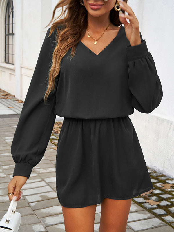 Elasticity Pleated Solid Color A-Line High Waisted V-Neck Mini Dresses