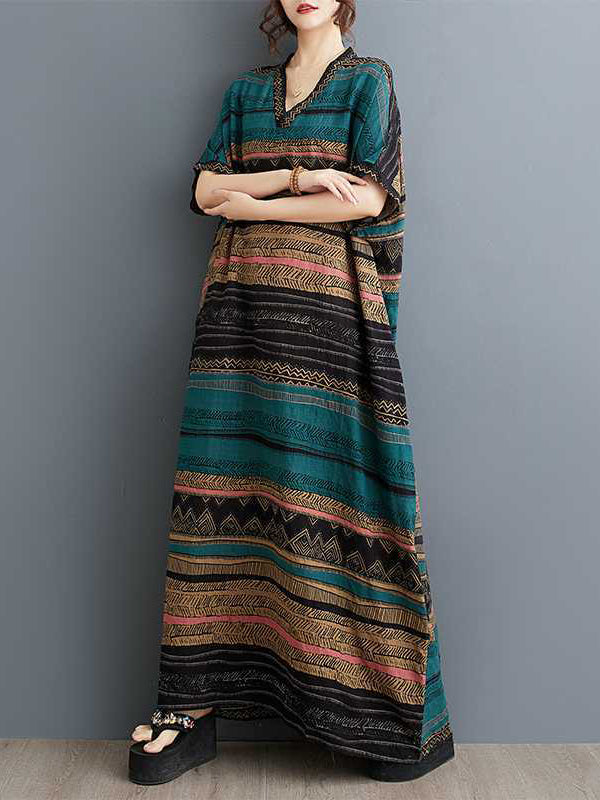 Split-Joint Striped A-Line Batwing Sleeves V-Neck Maxi Dresses